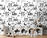 Флізелінові фотошпалери в дитячу для дівчинки 312x219 см Чорно-білі пандочки на хмарах (13828VEXXL)+клей