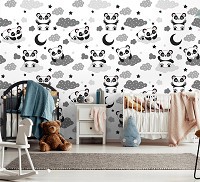 Флизелиновые фотообои в детскую комнату 368 x 280 см Черно-белые пандочки на облаках (13828V10)+клей