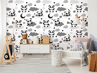 Флізелінові фотошпалери з пандами 460x300 см Дитячі - Чорно-білі ведмедики на хмарах (13828V12)+клей