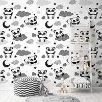 Флизелиновые фото обои звери 254 x 184 см Детские - Черно-белые пандочки на облаках (13828V4)+клей