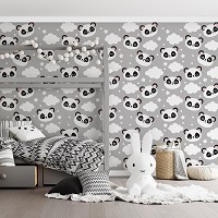 Флизелиновые фото обои белые 254 x 184 см Детские - Пандочки на ночных облаках (13830V4)+клей