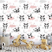 Флизелиновые фотообои в спальню 312 x 219 см Детские - Пандочки на розовых облаках (13834VEXXL)+клей
