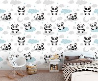 Флизелиновые фотообои для детской комнаты девочке 368 x 254 см Пандочки на голубых облаках (13835V8)+клей
