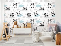 Флизелиновые фотообои 312 x 219 см Детские - Пандочки на голубых облаках  (13835VEXXL)+клей