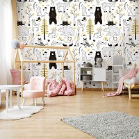 Флизелиновые фотообои для спальни 368 x 254 см Детские - Лесные животные на белом фоне (13838V8)+клей
