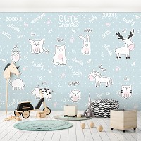 Флизелиновые фотообои для мальчиков 368x254 см Детские животные с английскими названиями на голубом (13842V8)+клей
