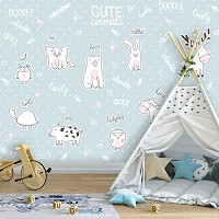 Флізелінові фотошпалери для дитячої Тварини із англійськими назвами на блакитному тлі (13842V)+клей