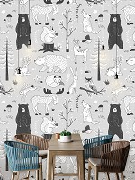 Флизелиновые фотообои в детской 368 x 280 см Черно-белые лесные животные (13843V10)+клей