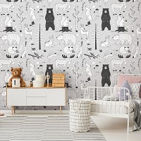 Флизелиновые фото обои в детскую 254 x 184 см Черно-белые лесные животные (13843V4)+клей