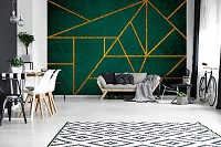 Флизелиновые фотообои бетонная стена 368 x 254 см Золотые линии на зеленом камне  (13844V8)+клей