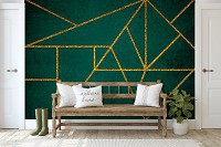 Флизелиновые фотообои с геометрическими фигурами 312 x 219 см Золотые линии на зеленом бетоне (13844VEXXL)+клей