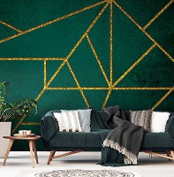 Современные флизелиновые фотообои 416 x 254 см Золотые линии на зеленом бетоне (13844VEXXXL)+клей