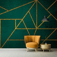 Современные флизелиновые фотообои на стену 368 x 280 см Золотые линии на зеленом бетоне (13844V10)+клей