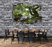 Кирпичные флизелиновые фотообои 3D 520 x 318 см Природа - Зеленый лес за серой каменной стеной (13847VEXXXXXL)+клей