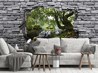 Флизелиновые фотообои кирпич 3D 368 x 280 см Природа - Зеленый лес за серой каменной стеной (13847V10)+клей