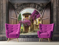 Флизелиновые фотообои город 312x219 см 3Д Вид на улицу в цветах через арку (13848VEXXL) +клей