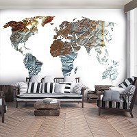 Флизелиновые фотообои на кухню 368 x 280 см Металлическая карта мира на белом фоне (13850V10)+клей