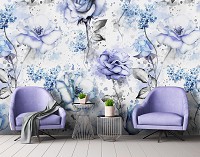 Красивые флизелиновые фотообои на кухню 312 x 219 см Акварельные голубые цветы на светлом фоне (13855VEXXL)+клей