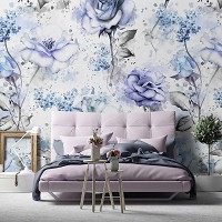 Флизелиновые фотообои с розами в гостиной 368 x 254 см Акварельные голубые цветы на светлом фоне (13855V8)+клей