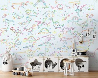 Флизелиновые фотообои для девочек 254 x 184 см Детские - Нарисованные на стене динозаврики (13874V4)+клей