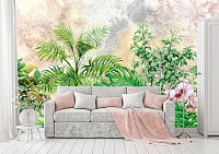 Флізелінові фотошпалери з зеленим листям 368x254 см Тропічні квіти на стіні (13881V8)+клей
