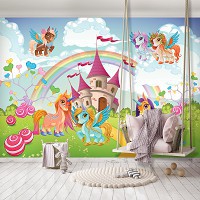 Флизелиновые фотообои с единорогами 368 x 254 см Детские - Сказочный край (13882V8)+клей