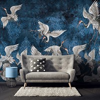 Флизелиновые фотообои под старину 254x184 см Птицы - Журавли на синем фоне (13889V4)+клей