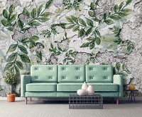 Флізелінові фотошпалери бетон 368x254 см Квіти - зелене листя на старій стіні (13900V8)+клей