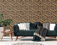 Флизелиновые фотообои геометрия в детскую 460 x 300 см Соты - Золотые шестиугольники на дереве (13901V12)+клей