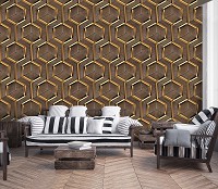 Геометрические флизелиновые фотообои 520 x 318 см Соты - Золотые шестиугольники на дереве (13901VEXXXXXL)+клей