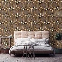 Флизелиновые фотообои геометрия 312 x 219 см Соты - Золотые шестиугольники на дереве (13901VEXXL)+клей