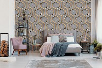 Флизелиновые геометрические фото обои 254 x 184 см Соты - Золотые шестиугольники на сером дереве (13902V4)+клей