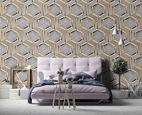 Геометрия на флизелиновых фото обоях Соты - Золотые шестиугольники на сером дереве (13902V)+клей