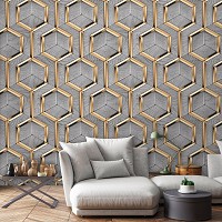 Флизелиновые фотообои в стиле модерн 416 x 254 см Соты - Золотые шестиугольники на сером дереве (13902VEXXXL)+клей