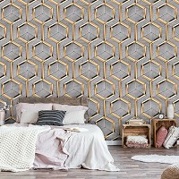 Современные флизелиновые фотообои на стену 416x290 см Соты Золотые шестиугольники на сером дереве 13902VEXXXXL+клей