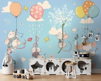 Фотообои флизелиновые для детей 368 x 280 см Счастливые мышата на воздушном шаре (13910V10)+клей
