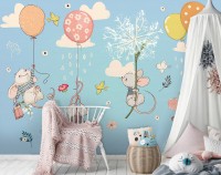 Фотошпалери флізелінові для дітей 368 x 254 см Щасливі мишенята на повітряній кулі (13910V8)+клей