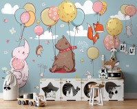 Фотообои флизелиновые детские 368 x 280 см Счастливые зверята на воздушном шаре (13911V10)+клей
