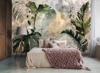 Фотообои флизелиновые 312 x 219 см Акварельные зеленые листья на бетоне (13923VEXXL)+клей