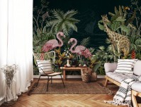 Фотообои флизелиновые 368 x 254 см Нарисованные жираф и два фламинго в тропиках (13931V8)+клей