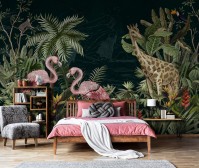 Фотообои флизелиновые 368 x 280 см Нарисованные жираф и два фламинго в тропиках (13931V10)+клей