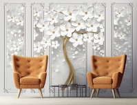 Фотообои 3D флизелиновые 460 x 300 см Золотое дерево с белыми цветами и колоннами (13933V12)+клей