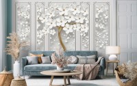 Фотообои 3D флизелиновые 254 x 184 см Золотое дерево с белыми цветами и колоннами (13933V4)+клей