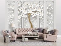 Фотообои 3D флизелиновые 368 x 254 см Золотое дерево с белыми цветами и колоннами (13933V8)+клей