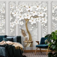 Фотообои 3D 368 x 254 см Золотое дерево с белыми цветами и колоннами (13933P8)+клей
