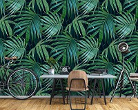 Флизелиновые 3D фото обои с листьями 254x184 см Огромные зеленые цветы на черном фоне (13949V4)+клей