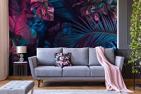 Флизелиновые фотообои листья 416x254 см 3Д Огромные синие цветы на черном фоне (13950VEXXXL) +клей