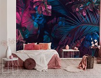 Флизелиновые фотообои листья 368x280 см 3Д Огромные синие цветы на черном фоне (13950V10) +клей