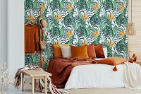 Флизелиновые фотообои на кухню 312x219 см Зеленые и желтые листья на белом фоне (13951VEXXL) +клей