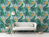 Флізелінові фотошпалери квіти в інтер'єрі спальні 368x280 см Зелене та жовте листя на білому тлі (13951V10) +клей